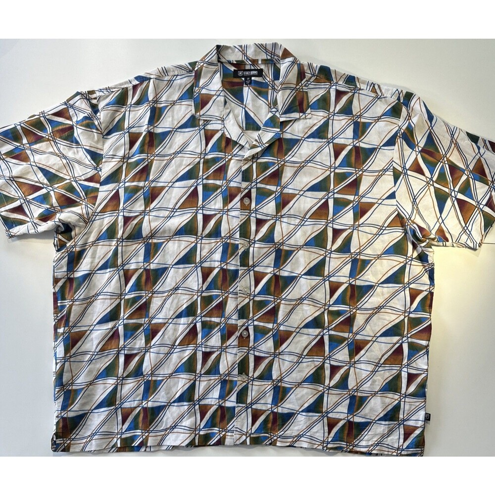 Stacy Adams Cotton Linen Geometric Short Sleeve Button Shirt 5XL